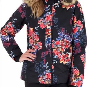 NWT // Obermeyer Boom Blooms Ski Jacket Coat with Furry Hood Black & Floral